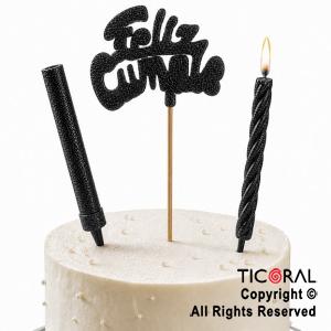 ADORNO DE TORTA SET FELIZ CUMPLE CON BENGALA Y VELA 9 CM GIBRE NEGRO x 1